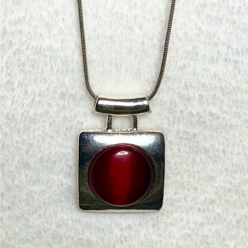 Silver Square Pendant Round Red Acrylic Bead On Snake Chain Asian Style Necklace